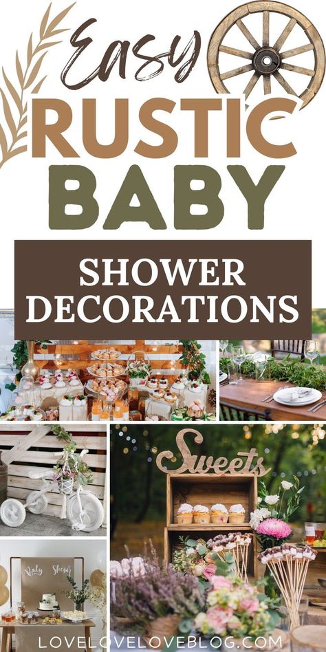 Collage of rustic baby shower decorations for boy and girl parties. Rustic Baby Shower Boy, Rustic Baby Shower Ideas, Brown Baby Shower Ideas, Farmhouse Baby Shower, Woodsy Baby Showers, Pumpkin Theme Baby Shower, Rustic Baby Shower Decorations, Food Favors, Sage Green Baby Shower