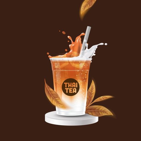 Realistic iced thai tea drink cup mock u... | Premium Vector #Freepik #vector #mockup #splash #tea #cafe Iced Coffee Poster Design, Minuman Thai Tea, Design Cup Drink, Thai Tea Photography, Thai Tea Cup, Thai Tea Aesthetic, Minuman Cup, Ice Tea Cup, Cup Minuman