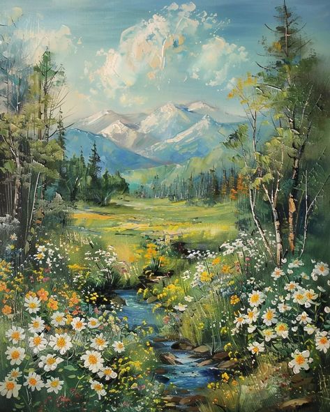 Realistic mountain landscape with meadow, stream, and snow-capped peaks. Paintings By Monet, Landscape Photos To Paint Inspiration, Montana Oil Painting, Flower Landscape Ideas Painting, Greenery Landscape Painting, Mountain Meadow Painting, Mountains And Flowers Painting, Mountain Stream Painting, Meadow Flowers Painting