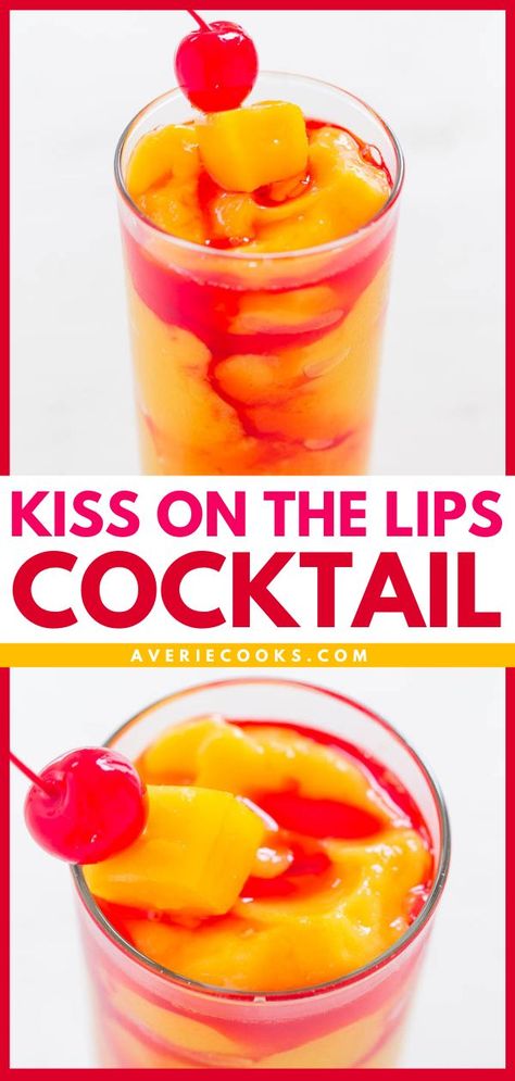 Kiss On The Lips Cocktail, spring, summer drinks, easy cocktail recipes Malibu Rum And Peach Schnapps Drinks, Red And Yellow Alcoholic Drinks, Fresh Fruit Alcohol Drinks, Peach Paradise Cocktail, Fun Party Cocktails, Mango Vodka Drinks Recipes, Mango Vodka Drinks, Peach Snapps Drinks Recipes, Peach Schnapps Drinks Recipes