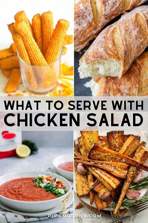 Collage of recipe photos that show what to serve with a chicken salad. What To Eat With Chicken, Chicken Salad Sandwiches, Chicken Salad Sandwich Recipe, Chicken Salad Wrap, Sandwich Sides, Side Dishes For Chicken, Cold Sandwiches, Chicken Salad Sandwich, Side Dishes Recipes