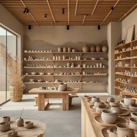 38 Pottery Studio Spaces Where Minimalist Design Sparks Maximum Creativity (Concept Interiors) Ceramic Store, Ceramics Pottery Vase, Studio Spaces, Art Studio Room, Pottery Store, Art Studio Design, Interior Design Presentation, Tanah Liat, Ceramic Workshop