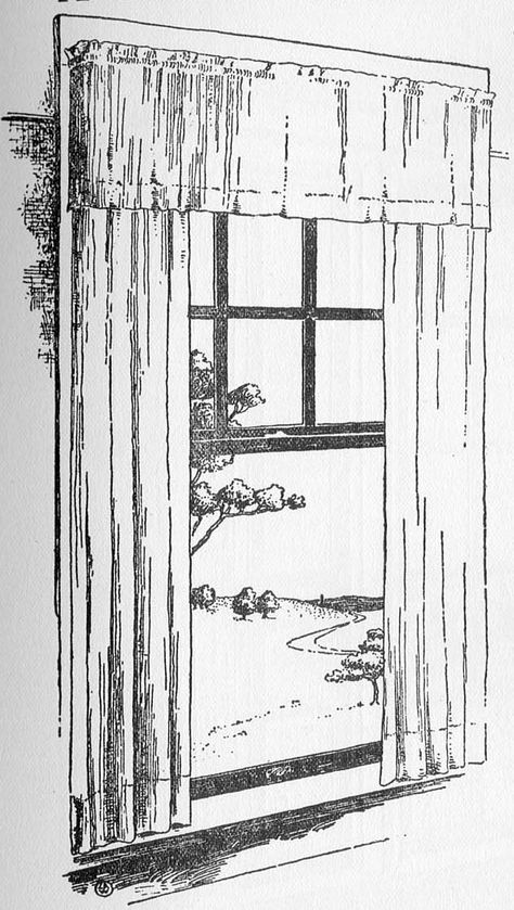 Typical of a bedroom window with a heavier fabric and valance mounted on nesting sizes of goose-neck curtain rods.   Designs had not yet been developed at the time of these illustrations in The Craftsman in June 1903 but plain, sometimes hemstitched curtains of this type remained appropriate throughout the Craftsman era. Bedroom Window Drawing, Drawing Of Curtains, Curtain Illustration Drawings, Outside The Window Drawing, Curtain Drawing Sketch, How To Draw A Window, Window With Curtains Drawing, Window Drawing Sketch, Bungalow Curtains