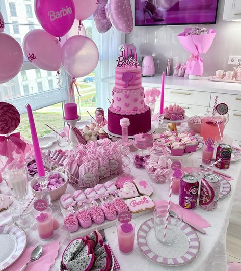 Pink Birthday Dessert Table, Barbie Cake Table Ideas, Barbie Themed Birthday Party Decor Table Settings, Barbie Dessert Table, Barbie Party Decorations, Dessert Table Birthday, Barbie Theme Party, 32 Birthday, Girly Party