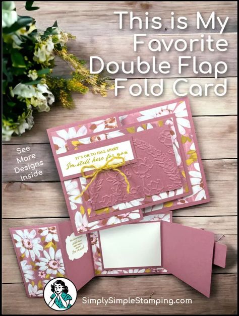 This is one of my favorite fun fold cards to make—the Double Flap Fold card—and this tutorial is easy to follow. You can make your card for any occasion but I chose to make my cards for a birthday and an encouragement card. This is a card making tutorial you’ll refer back to often and you can use any stamps and designer paper you have on hand. Flap Fold Card, Greeting Card Video, Fancy Fold Card Tutorials, Cards To Make, Thank You Card Design, Fun Folds, Designer Paper, Fold Cards, Card Making Tutorials