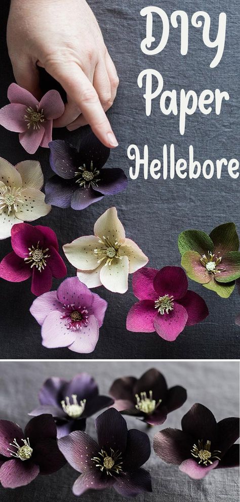 Paper Hellebore Flower Tutorial Crepe Paper Christmas Flowers, Paper Flowers Tutorial Step By Step, Crepe Paper Ornaments, Nature Diy Projects, How To Make Silk Flowers, Crape Paper Flowers Diy How To Make, Crepe Flowers Diy, Making Flowers With Paper, Diy Pattern Paper