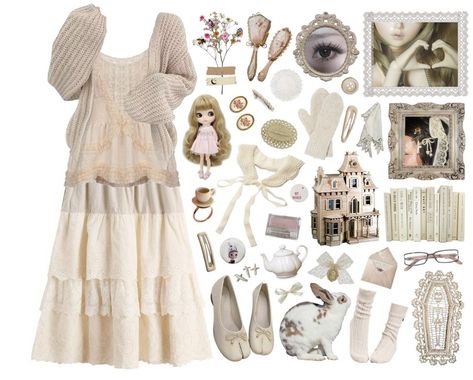 Mori Kei Outfits, Cottage Princess, Casual Mori, Fake Eyelash Makeup, Cream Socks, Beige Hair, Chabby Chic, Soft Girl Clothes, Lace Handkerchief