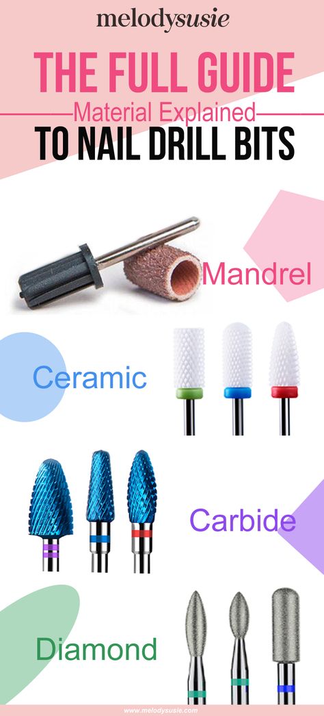 Mandrel/ceramic/carbide/diamond nail drill bits. What do they do? Nail Bits Uses, Nail Efile Bits, What Nail Drill Bit To Use, Mail Drill Bits Uses, Melodysusie Nail Drill, Using A Nail Drill, Which Nail Drill Bit To Use, Acrylic Nail Products, How To Clean Nail Drill Bits