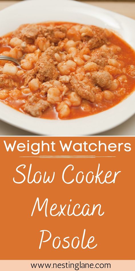 Easy Slow Cooker Weight Watchers Pozole Recipe. Spicy Mexican comfort food soup made with pork and hominy. Recipes Using Canned Hominy, Authentic Mexican Pozole Recipe, Slow Cooker Posole, Weight Watchers Slow Cooker, Chicken Pozole Recipe, Hominy Recipes, Mexican Pozole, Hominy Soup, Comfort Food Soup