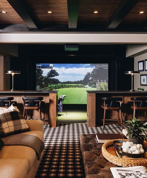 There are diy golf simulators and then there are basements that are designed and built around the golf simulator. #ascsecretingredient… | Instagram Man Cave Golf Simulator, Man Cave With Golf Simulator, Golf Simulator Room Man Caves, Home Golf Simulator Room, Golf Simulator Basement, Golf Simulator Bar, Golf Simulator Room Design, Diy Golf Simulator, Golf Man Cave