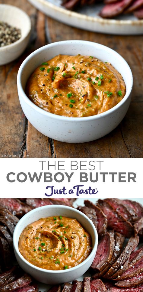 The top image shows a small bowl containing cowboy butter garnished with chopped chives. The bottom image shows a small bowl containing cowboy butter surrounded by slices of medium-rare steak. Horseradish Compound Butter, Steak With Cowboy Butter, Cowboy Butter Allrecipes, Easy Cowboy Butter Dipping Sauce, Cowboy Butter Burger, How To Make Cowboy Butter, Cowboy Dipping Sauce, Cowboy Steak Sauce, Cowboy Butter Dipping Sauce Recipe