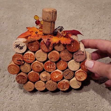 Custom Made Of Wine Corks Shaped Into A Pumpkin With Slight Beads And Fall Foliage At The Top. Perfect Hostess Gift Or For Your Home! 6" Wide, 5" Tall And 2" Depth. Cork Trees Christmas Diy, Cork Crafts For Christmas, Crafts To Do With Wine Corks, Wine Cork Jewelry Diy, Cork Wine Charms, Cork Diy Ideas, Wine Cork Flag, Wine Cork Wreaths, Wine Cork Trees