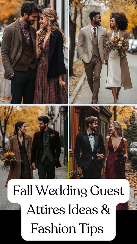 Elegant fall wedding guest outfit featuring a cozy layer, chic dress, and stylish accessories for a seasonal celebration. Tattoo Wedding Guest Outfit, Fall Wedding Guest Attire Pants, Fall Wedding Guest Pant Suit, Fall Wedding Guest Dress With Blazer, Mountain Wedding Guest Dress Fall, Men Wedding Guest Outfit Winter, Fall Wedding Guest Pants, Elegant Fall Dress, Dark Academia Wedding Guest Outfit