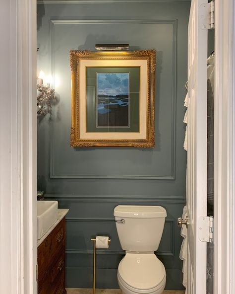 Remember the powder room? It was our first stylized renovation here… and honestly one of my favorites ❤️ . Looking for the brick info? Comment BRICK and use our discount code CALLSIGN at checkout ❤️ Half Bath Traditional, Grand Melinnial Bathroom, Benjamin Moore Intrigue Bathroom, Chair Rail Half Bathroom, Wallpaper And Molding Bathroom, Victorian Bathroom Paint Colors, Historic Powder Room, Small Colonial Bathroom, Stunning Half Bathrooms