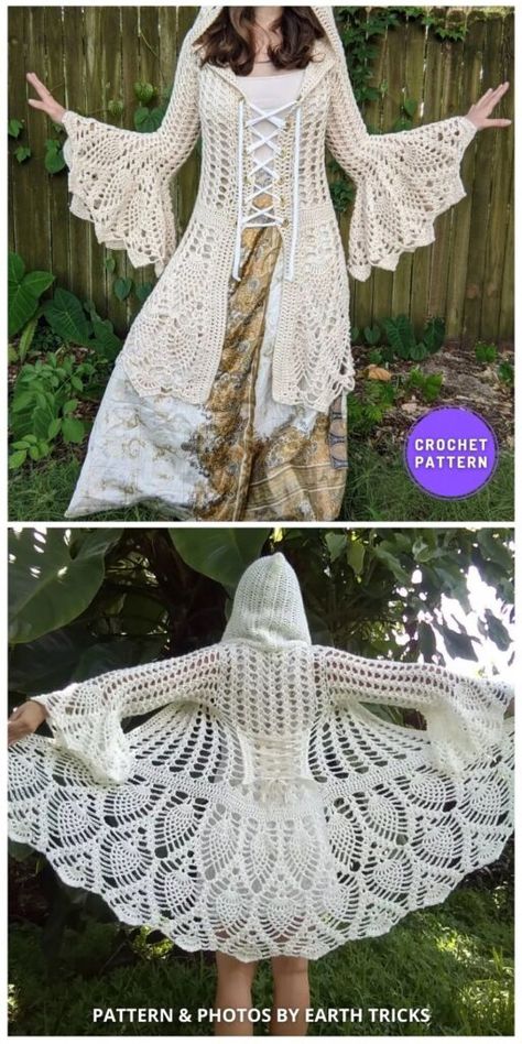 Boho Top Crochet Pattern Free, Crochet Witch Cloak, Crochet Fae Elf Hood Free Pattern, Crochet Witch Outfit, Crochet Witch Dress Pattern, Gothic Crochet Dress, Crochet Hooded Cloak Pattern Free, Fairy Knitting Patterns, Crochet Wiccan Patterns