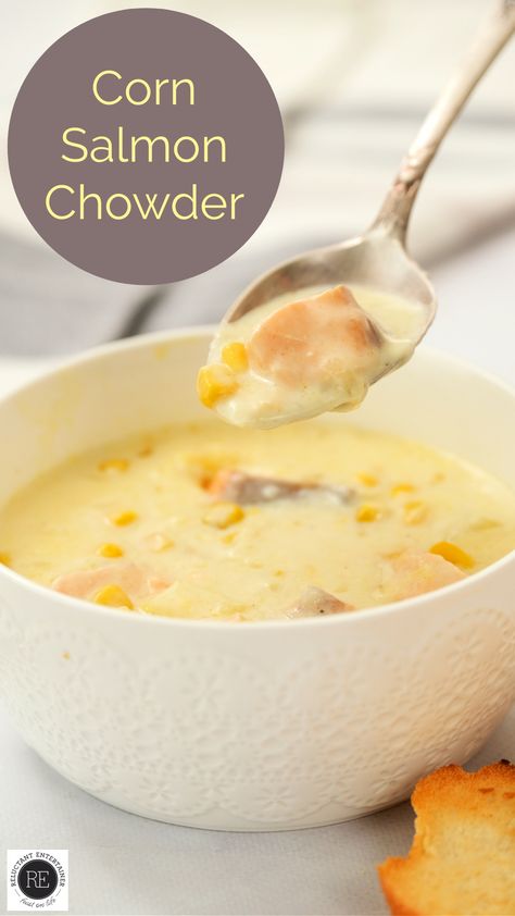 Corn Salmon Chowder Recipe is a creamy chowder soup made with salmon, fresh or frozen corn, potatoes, and shallots. Serve with toasted bread! Salmon Corn Chowder Recipe, Salmon And Corn Chowder, Creamy Chowder Soup, Salmon Chowder Recipe Easy, Salmon Corn Chowder, Frozen Corn Recipes, Salmon Chowder Recipe, Salmon Soup, Bean And Bacon Soup