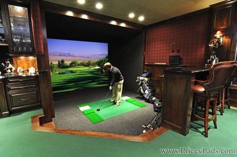 Golf simulator...man cave Golf Man Cave, Simulator Room, Home Golf Simulator, Golf Simulator Room, Golf Room, Golf Simulator, Recreational Room, Golf School, Minnesota Home