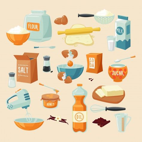 Baking ingredients set | Free Vector #Freepik #freevector #food #abstract #bakery #milk Food Illustration Design, Kitchen Icon, Logos Vintage, Honey Oil, Recipe Drawing, Baking Items, Food Clipart, Pancakes Ingredients, Vector Food