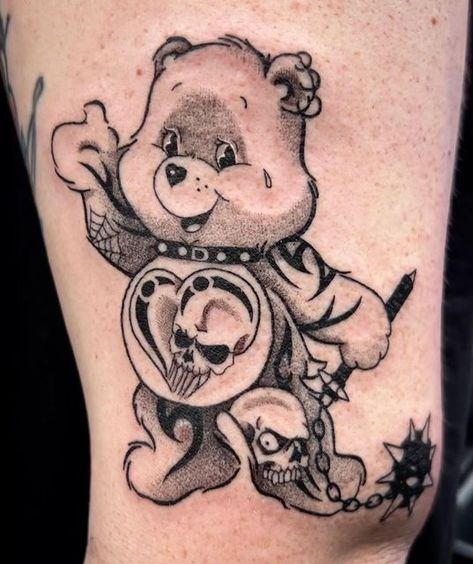 Traditional Carebear Tattoo, Goth Care Bear Tattoo, Creepy Care Bear Tattoo, Creepy Teddy Bear Tattoo, Carebares Tattoo, Care Bear Tattoo Ideas, Care Bear Tattoo, Scare Bears, Care Bear Tattoos