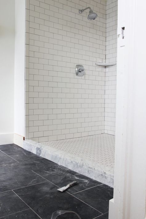 Tiled Shower Curb Ideas, Shower Curb Marble, Shower Curbs Ideas, Shower With Curb, Shower Curb Tile Ideas, Bathroom Finishes, Grit And Polish, The Grit And Polish, Shower Curb