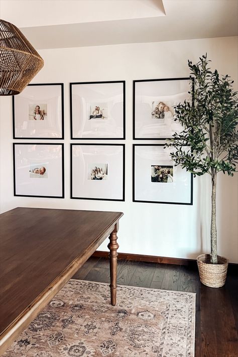 Dining Room Wall Photo Gallery, Dining Room Frames Ideas, Picture Wall Family Room, Art For Farmhouse Decor, Photo Gallery Dining Room, Large Matted Frames Living Rooms, Picture Frame Sizes On Wall, Dining Room Decor Gallery Wall, Large Black Picture Frames On Wall