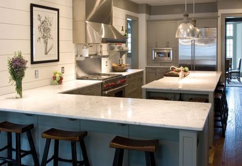 Kitchens With No Upper Cabinets, Glass Upper Cabinets, Narrow Kitchen Island, No Upper Cabinets, Glass Kitchen Cabinets, Kitchen Peninsula, Narrow Kitchen, Kitchen Designs Layout, Upper Cabinets