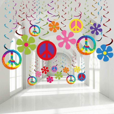 Hippie Theme Party, Flower Power Party, Hippie Birthday Party, 60s Theme, Tie Dye Birthday, Groovy Party, 60s Party, Ceiling Decorations, Hippie Birthday