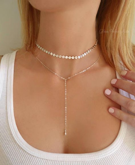 Simple and Modern Choker Necklace - 100% Sterling Silver, 14k Gold Fill or Rose Gold Fill ~ Choker and/or lariat/ Y necklace available in Sterling or 14k Gold Fill ~ Choker has a attached 1 1/2 adjustable extender chain - for the perfect fit ~ Order choker by itself or with the Y Rose Gold Choker Necklace, Rose Gold Choker, قلادات متدلية, Gold Chain Choker, Sterling Silver Choker, Diy Collier, Layered Necklaces Silver, Choker Necklace Set, Silver Choker