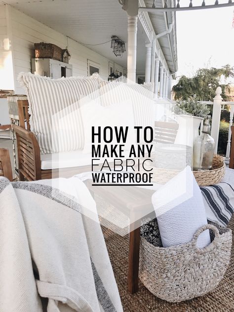 How To Make Any Fabric Outdoor Safe | How to make any fabric waterproof the super easy way! Outdoor Couch, Diy Outdoor Decor, Outdoor Curtains, Canopy Outdoor, Garden Sofa, Outdoor Wood, Diy Outdoor Furniture, Outdoor Projects, Outdoor Cushions