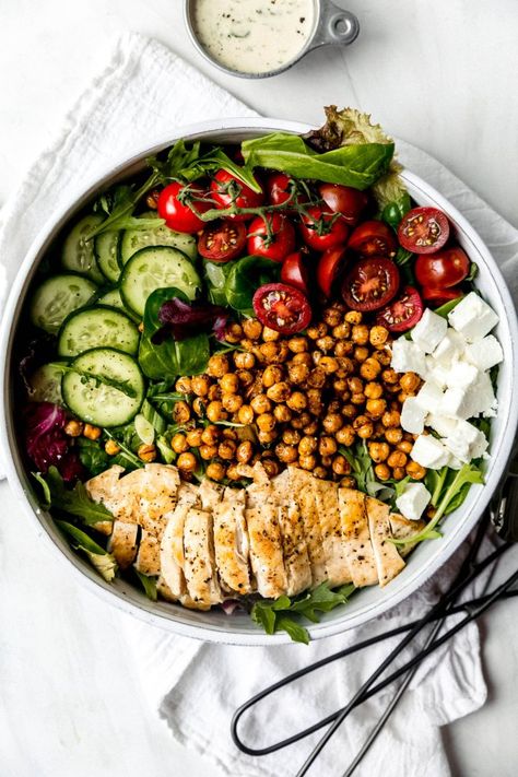 Super Salad with Chicken, Buttery Spiced Crispy Chickpeas, and Herby Tahini-Miso Ranch Dressing - Never Not Hungry Super Salad, Salad With Grilled Chicken, Chicken Chickpea, Not Hungry, Chicken Crispy, Salad With Chicken, Ranch Salad, Satisfying Salads, Spiced Chickpeas