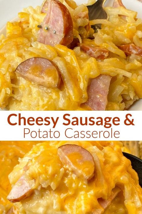 Cheesey Potatoes And Sausage Crock Pot, Kielbasa Cheese Potatoes Crockpot, Kielbasa And Frozen Potatoes, Things To Make With Kielbasa Sausage, What To Cook With Kielbasa, Sausage Cheesy Potatoes, Cheesy Sausage Hash Brown Bake, Keilbasa Cheesy Potato Crockpot, Kielbasa Potato Cheese Casserole