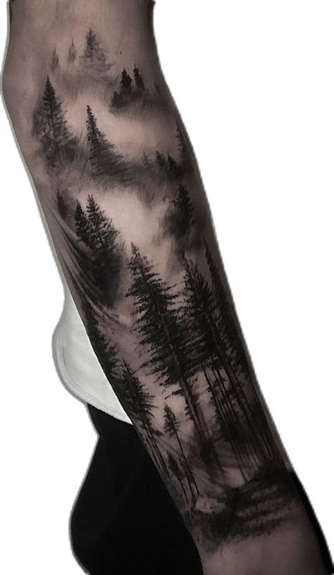 Viking Forest Tattoo, Cool Nature Tattoos, Arm Cover Up Tattoos, Natur Tattoo Arm, Tree Silhouette Tattoo, Robin Tattoo, Pine Tattoo, Cute Halloween Tattoos, Wood Tattoo