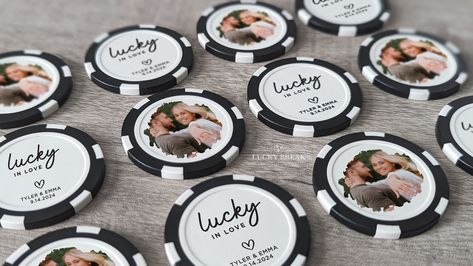 Made from top-notch material and equipped with a metal insert, these chips offer a professional weight and size, delivering a balanced and authentic feel akin to casino chips. Our printing technique guarantees permanent and lasting results. Our custom-printed poker chips come in sets of 25 of the same color.  Customize your wedding with these unique chips! File Format Guidelines for Printing For optimal printing quality, we prefer vector file formats such as Ai, SVG, EPS, or PDF and some high re Casino Theme Wedding Reception, Casino Wedding Reception, Casino Wedding Theme, Lucky In Love Engagement Party, Casino Theme Wedding, Vegas Themed Wedding, Custom Poker Chips, Casino Wedding, Bachelorette Theme