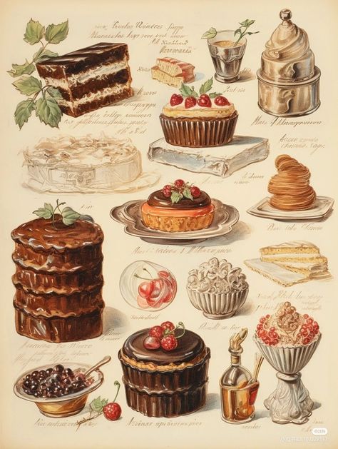 Baking Drawing Aesthetic, Baking Vintage Aesthetic, Vintage Food Painting, Vintage Baking Illustration, Baking Journal Aesthetic, Vintage Cooking Aesthetic, Vintage Cookbook Illustrations, Baking Illustration Art, Food Vintage Aesthetic