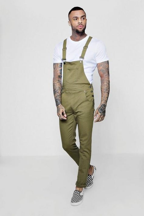 Khaki Slim Fit Denim Dungarees | Boohoo Overalls Men Fashion, Work Overalls, Overalls Men, Jeans Overall, Mens Casual Outfits Summer, Denim Dungarees, Gay Fashion, Fall Outfits Men, Hipster Mens Fashion