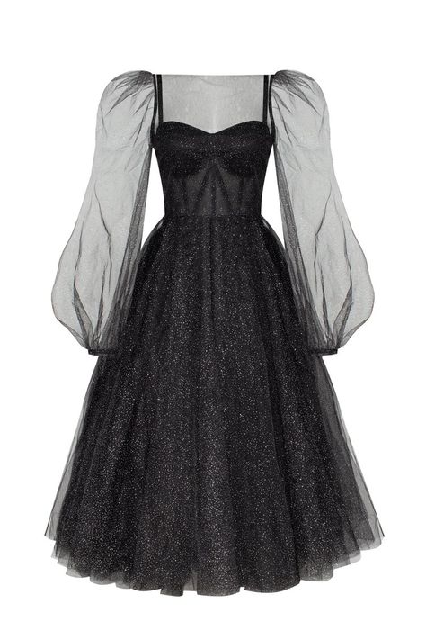 Sparkly Tulle Dress, Gaun Tulle, Milla Dresses, Sheer Overlay Dress, Puffy Long Sleeves, Gaun Fashion, Dress Weights, Black Cape, Corset Bustier