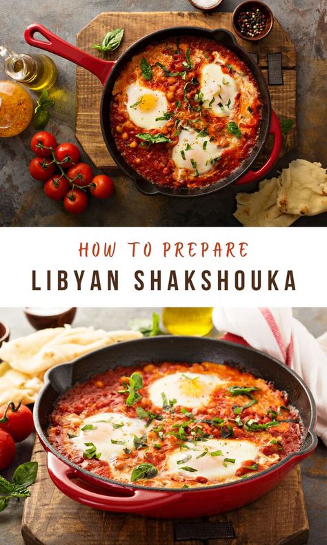 Libyan Shshouka is a Libyan dish of eggs poached in a sauce of tomatoes, chili peppers, onions, and garlic, spiced with cumin and paprika. It is usually served as part of a breakfast or brunch menu and goes well with bread. African Breakfast, Recipe With Tomato Sauce, Chaldean Recipe, Libyan Food, Moroccan Vegetables, Jamaica Food, Egyptian Food, Nigerian Food, Global Cuisine