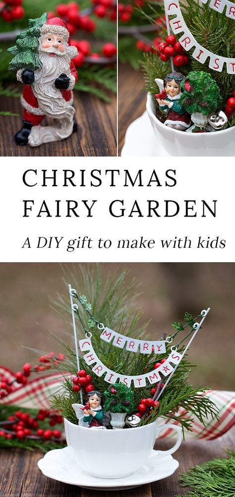 Garden Ideas Homemade, Winter Fairy Garden, Fun Homemade Gifts, Christmas Fairy Garden, Diy Christmas Gifts For Kids, Teacup Gardens, Christmas Garden Decorations, Teacup Crafts, Christmas Plants