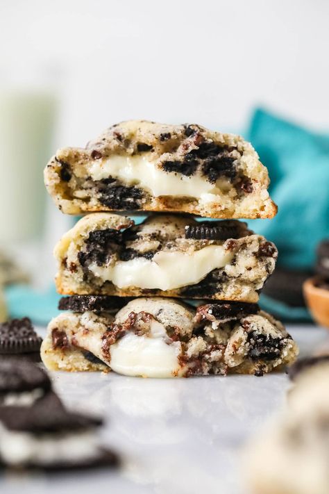 Oreo Cheesecake Filled Cookies, White Chocolate Reeses Cheesecake Cookie, Cookies And Cream Cheesecake Cookies, White Chocolate Reese Cheesecake Cookies, Cookies And Cream Cookies With Box Cake, Oreo Filled Cookies, Cheesecake Oreo Cookies, Cheesecake Filling For Cookies, White Chocolate Reese’s Cheesecake Cookies