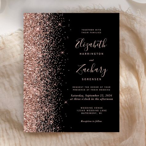 The left-hand edge of this elegant modern wedding invitation features a rose gold faux glitter border. The customizable text combines pale rose gold blush colored handwriting, copperplate and italic fonts on a black background. The reverse side features a matching black and rose gold design. Black Gray Rose Gold Wedding, Rose Gold White And Black Wedding, Pink And Black Wedding Decor, Rose Gold And Black Wedding Theme, Black And Rose Gold Wedding, Blush And Black Wedding, Rose Gold Wedding Theme, Blush Pink And Black Wedding, Lana Wedding