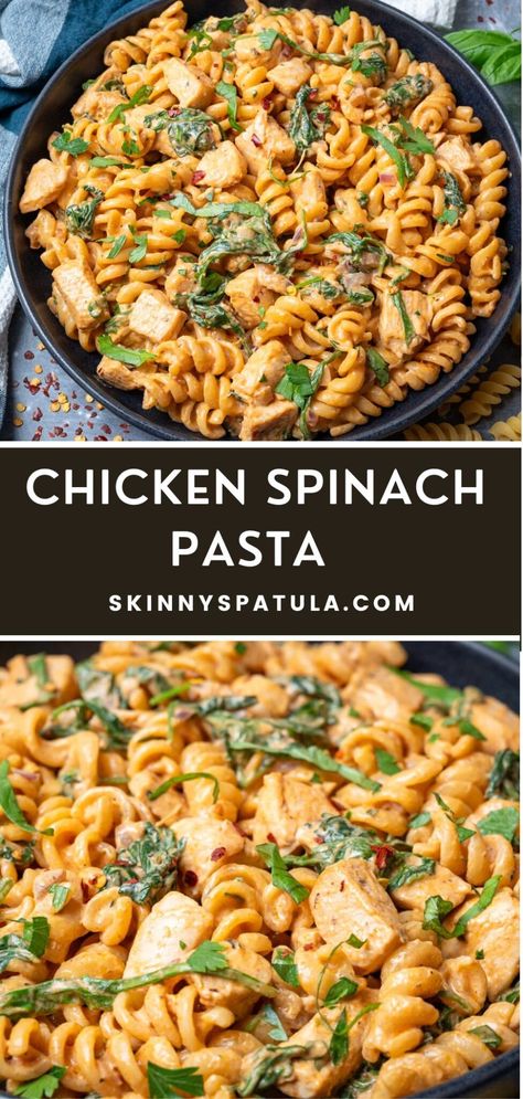 Chicken Spinach Pasta – Skinny Spatula Healthy Chicken And Spinach Pasta, Dinner With Chicken And Spinach, Spinach With Chicken Recipes, Ground Chicken Spinach Pasta, Fresh Spinach Pasta Recipes, Spinach In Pasta, Chicken And Fresh Spinach Recipes, Ground Chicken Spinach Recipes, Chicken Spinach Recipes Healthy