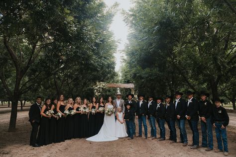 A cowboy black tie affair • New Mexico orchard wedding • black cowboy hats + black bridesmaid dresses • Katie Griff Photography • All Black Groomsmen Attire Cowboy, All Black Western Wedding, Black Tie Farm Wedding, Cowboy Black Tie Wedding, Black Tie Western Wedding, Black Country Wedding, Cowboy Hats Black, Groomsmen Jeans, Western Themed Wedding