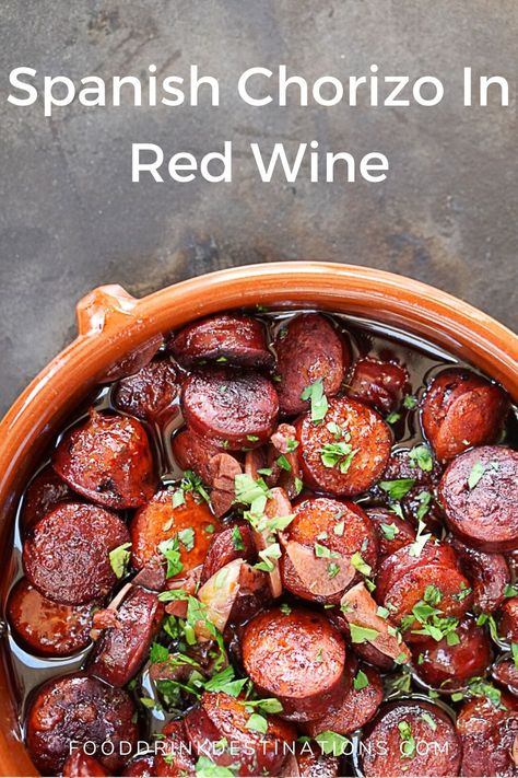 This chorizo al vino tinto recipe is a classic tapas recipe for Spanish chorizo in red wine. It’s common at tapas bars in Spain and easy to make at home with only 6 ingredients. I learned to make this dish when we lived in Spain and now make it when we do tapas nights. Tapas Chorizo Recipes, Red Wine Chorizo, Mediterranean Tapas Ideas, Spanish Chorizo Tapas, Keto Tapas Recipes, Spanish Tapas Party Appetizers, Chorizo In Red Wine, Chorizo Appetizers For Party, Tapas Style Dinner