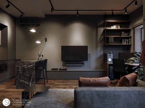 ON THE DARK SIDE. Small apartment in Minsk on Behance Black Living Room, Small Apartment Design, Small Apartment Living Room, Bedroom Setup, Small Room Design, Loft Design, The Dark Side, A Living Room, Small Apartment