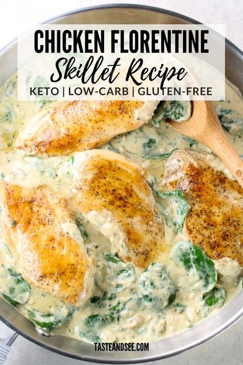 This 30-minute Chicken Florentine Skillet is loaded with so much creaminess and delicious flavor, plus it's low-carb, keto-friendly, and gluten-free! Perfectly sautéed chicken breasts nestled in a creamy cheesy wine sauce with fresh spinach. #TasteAndSee Chicken Spinach Healthy, Healthy Chicken Florentine Recipe, Keto Chicken And Spinach Recipes Easy, Chicken And Spinach Keto Recipes, Keto With Spinach, Keto Fresh Spinach Recipes, Low Carb Recipes With Spinach, Spinach With Chicken Recipes, Healthy Chicken Florentine