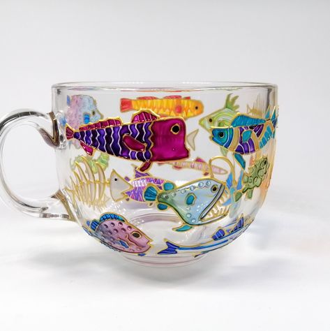 Bright and colourful cup with fish design. Wonderful present for fishing lovers.   It's perfect for hot and cold drinks, ex. tea or cacao drink! This is the perfect gift for family, friends or yourself. Coffee mug/ tea cup is hand painted and can be personalised. If you want to add your name or text - write it while placing your order. Measurements: Height 8 cm / 3 inch About 500 ml / 17 oz I use non-toxic glass paints on water basis. I baked this mug in the oven to make it more durable. You can Boyfriend Gifts Fishing, Small Useful Gifts, Gift Idea Christmas, Artsy Christmas Gifts, Decor For Men, Small Gifts For Friends Birthday, Unique Birthday Gifts For Best Friend, Gifts For Older Parents, Cute Gifts For Best Friends