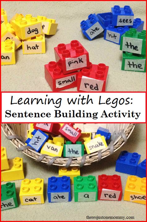 Learning with Legos: teach sentence structure with this simple sentence activity using Lego Duplo blocks; also work on parts of speech Sentence Builder Activities, Types Of Buildings Preschool, Syntax Activities, Simple Sentences Activities, Build Sentences, Colourful Semantics, Lego Learning, Lego Therapy, Lego Words