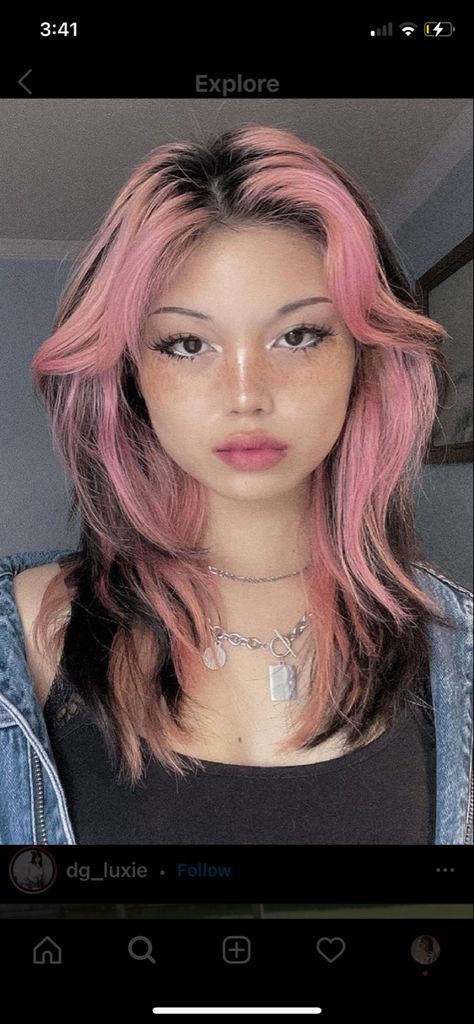 Skunk Streak Hair Pink, Pink Hair Tanned Skin, Highlights Brown Hair Colorful, Pink Hair With Black Streaks, Pastel Pink Streaks In Black Hair, Wolfcut Pink Highlights, Hair Color Ideas Cute, Top Layer Hair Dye, Hair Color Ideas For Brunettes Y2k