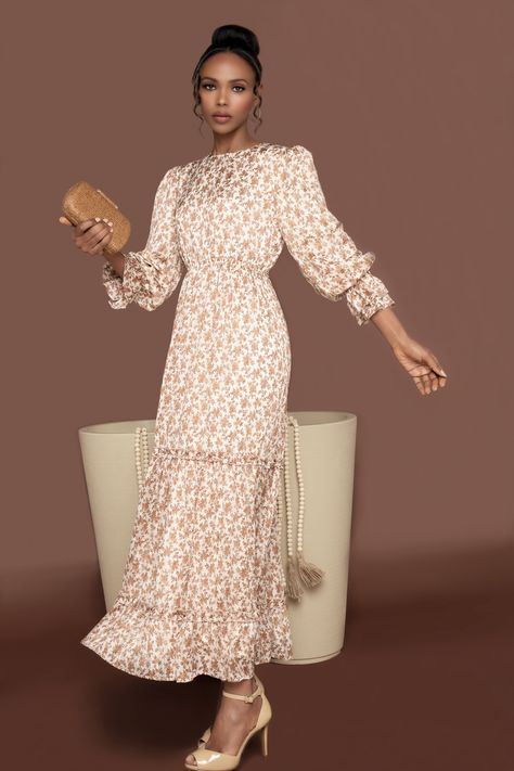 This maxi dress is crafted with luxe lurex threads, long flounce sleeves and a subtle beige and tan floral pattern. Its statement-making ruffles offer a graceful and romantic silhouette, perfect for special occasions. Features a round neckline and a hidden zipper in the back for closure. Simple Modest Outfits, Cute Dresses For Church, Modest Dress Outfits, Making Ruffles, Harvey Outfits, Modest Fashion Fall, Romantic Silhouette, Conservative Outfits, Neutral Dress