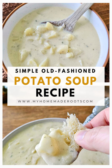 Warm up with a bowl of simple, old-fashioned potato soup! This classic recipe is creamy, comforting, and made with just a few basic ingredients. Perfect for chilly days or a nostalgic meal, this easy-to-make soup brings back the taste of grandma's kitchen. #PotatoSoup #ComfortFood #OldFashionedRecipes #HomemadeSoup #EasyMeals #NostalgicCooking Potato Soup Made With Cream Cheese, Brown Flour Potato Soup, Country Gravy Potato Soup, Best Potato Soup Ever, Small Potato Soup Recipe, Easy Small Batch Potato Soup, Moms Potato Soup, Creamy Red Potato Soup, Simple Baked Potato Soup